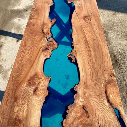 Burr Elm Transparent Blue River Dining Table
